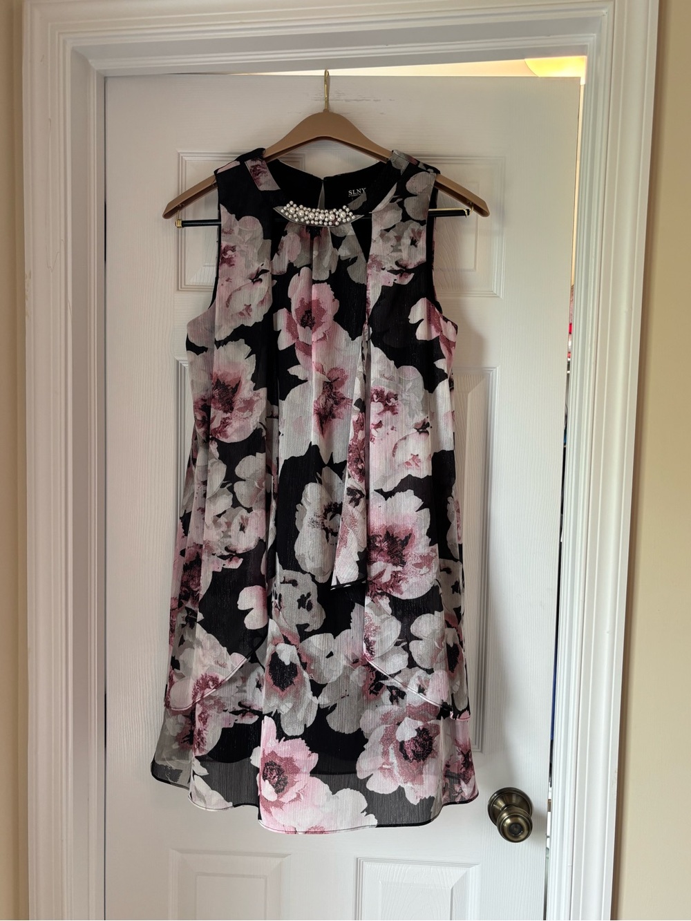 SLNY Black Dress with Pink and White Floral Print and Jeweled Neckline